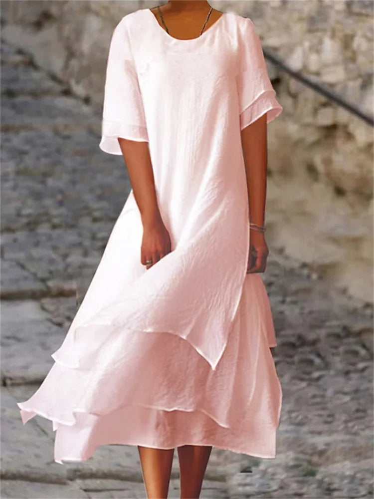 Avianna - Double-layered Slit Short-sleeved Dress with Round Neck