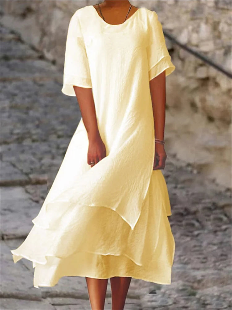 Avianna - Double-layered Slit Short-sleeved Dress with Round Neck