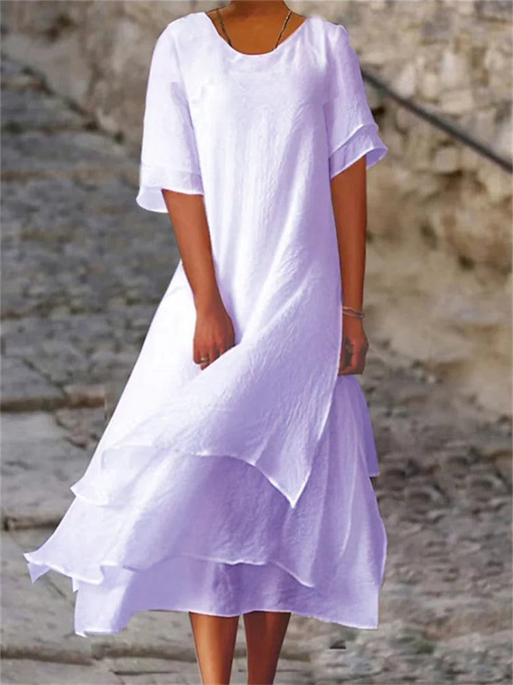 Avianna - Double-layered Slit Short-sleeved Dress with Round Neck