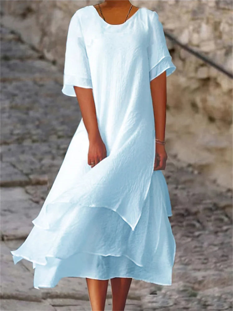 Avianna - Double-layered Slit Short-sleeved Dress with Round Neck