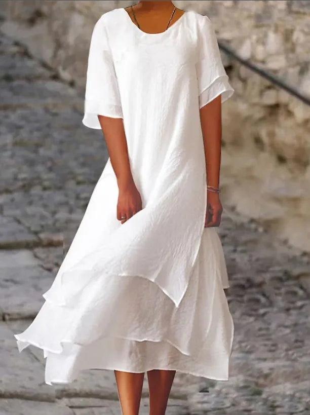 Avianna - Double-layered Slit Short-sleeved Dress with Round Neck